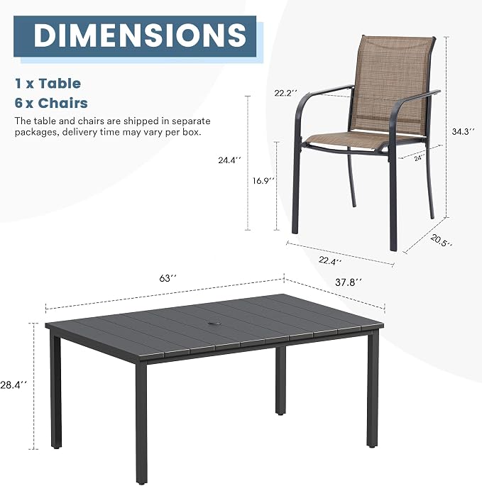DIFY 7 Pieces Outdoor Patio Dining Set for 6, 63" Black Rectangle Metal Dining Table and 6 Brown Stackable Sling Dining Chairs, Outdoor Table and Chairs for Lawn Garden Backyard Deck - Image 7