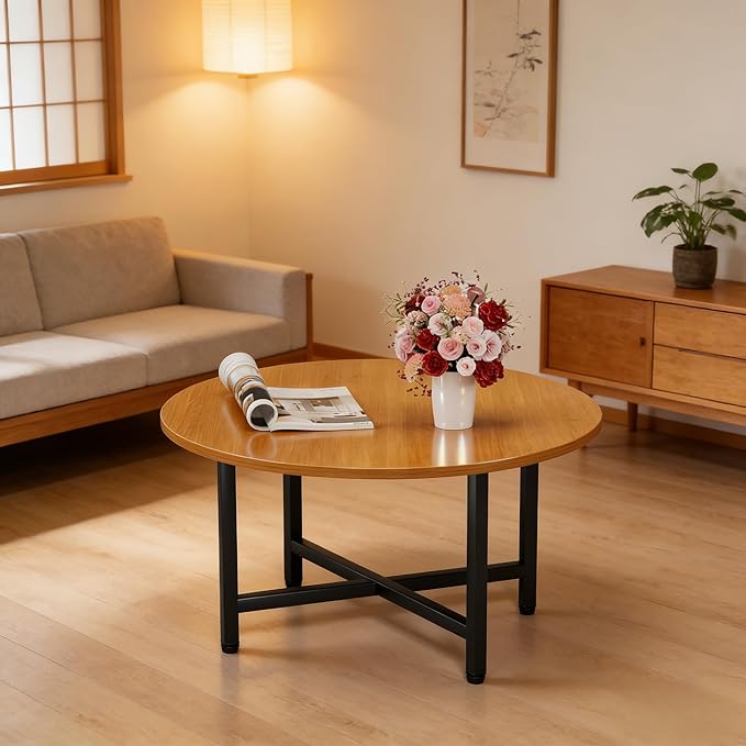 Coffee Table, 23.6" Coffee Tables for Living Room, Round Coffee Table with Metal Frame, Floor Table for Sitting on The Floor, Home, Office, Honey Brown