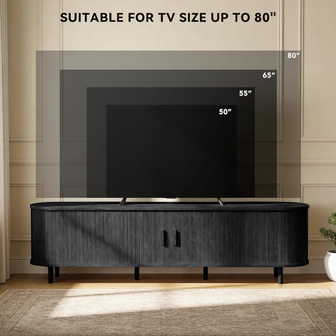 70" Mid Century Modern TV Stand with Power Outlet, Fluted Entertainment Center with Storage and Adjustable Shelves, Wood TV Console with Sliding Doors for Living Room, Black - Image 7