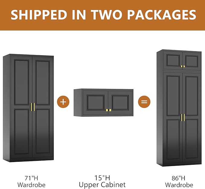 Polup Metal Armoire Closet, 86 Inch Tall Wardrobe Armoire with Hanging Rod, Wardrobe Closet for Clothes with Doors, 18" D x 32" W x 86" H,Black, Assemble Required, Shipped in Two Packages