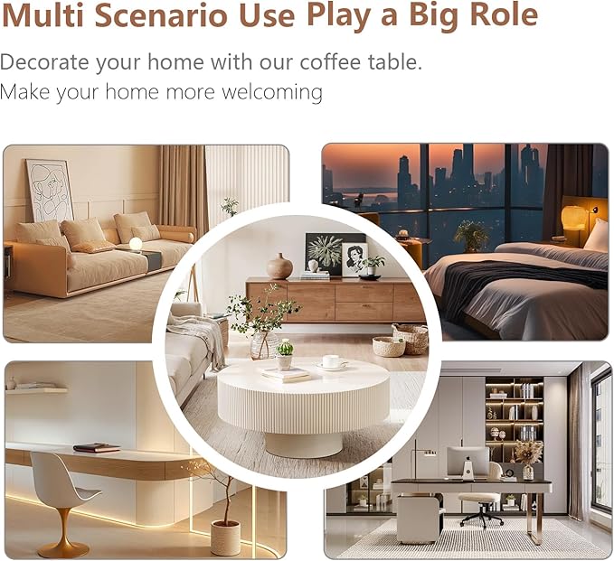 Round Coffee Table Fluted Coffee Table Wood Drum Coffee Tables Modern Circular Coffee Tables Circle Pedestal Center Table for Living Room (White Thick Desktop)
