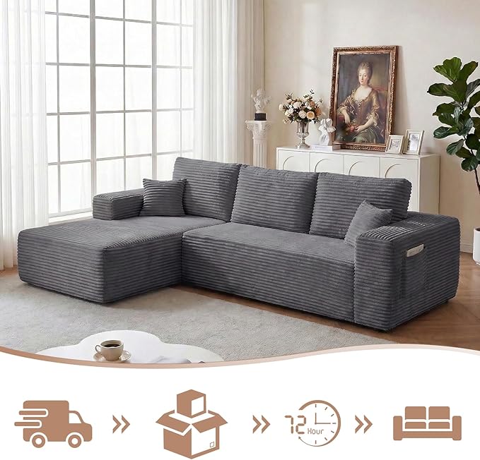 104 inch Boneless L-Shaped Sectional Sofa with Throw Pillow & Side Pockets- No Assembly Compressed Modular Couch, Memory Foam, Deep Seat for Living Room, Bedroom, Apartment Grey Left