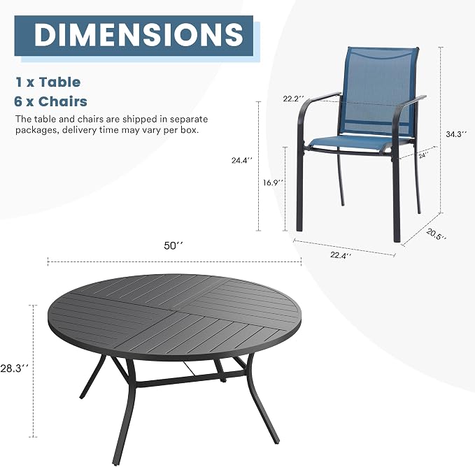 DIFY 7 Pieces Outdoor Patio Dining Set for 6, 50" Black Round Metal Dining Table and 6 Blue Stackable Sling Dining Chairs, Outdoor Table and Chairs for Lawn Garden Backyard Deck - Image 8