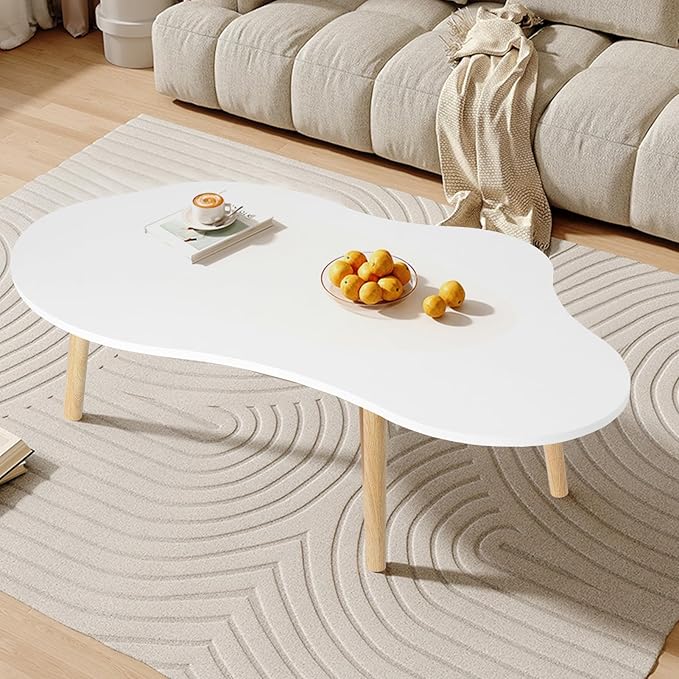 Small Coffee Table, Modern Coffee Table Small White Coffee Tables, Living Room Center Minimalist Display Coffee Desk with Cloud Shape, 39.4" x19.7 x16.1 Irregular Coffee Tables White