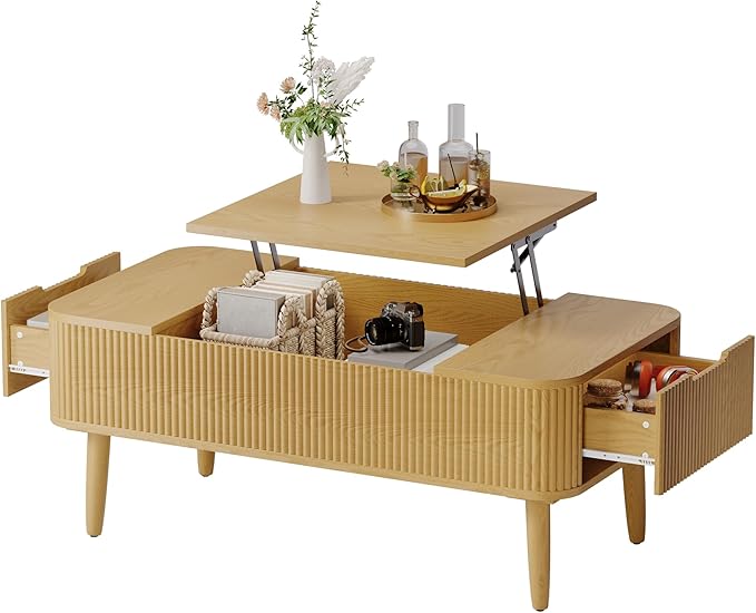 47.2” Modern Coffee Table Wooden Fluted Lift Top Coffee Table with Hidden Compartment, Mid Century Modern Rectangle Center Tables with Lifting Tabletop & 2 Storage Drawers for Home Living Room Natural