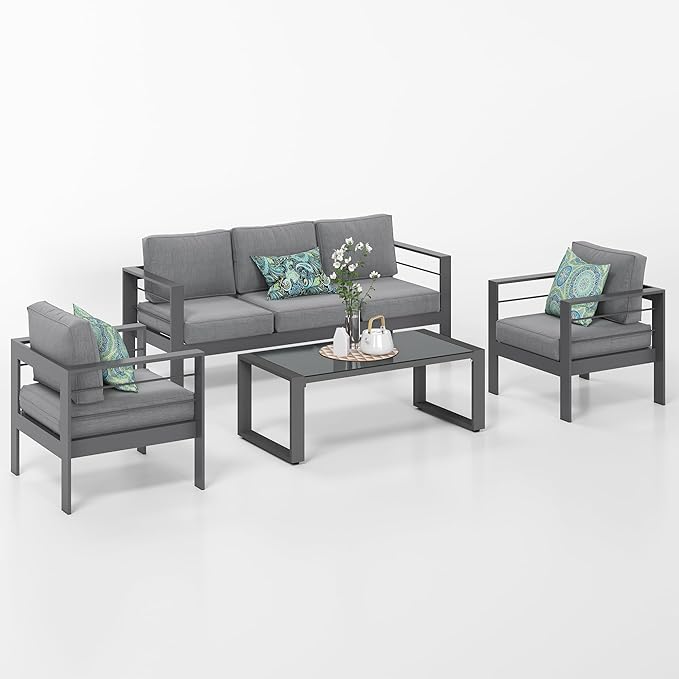 Solaste Aluminum Patio Furniture Set, 4 Pcs Modern Outdoor Conversation Set Couch Sofa with Upgrade Cushion and Glass top Coffee Table,Grey