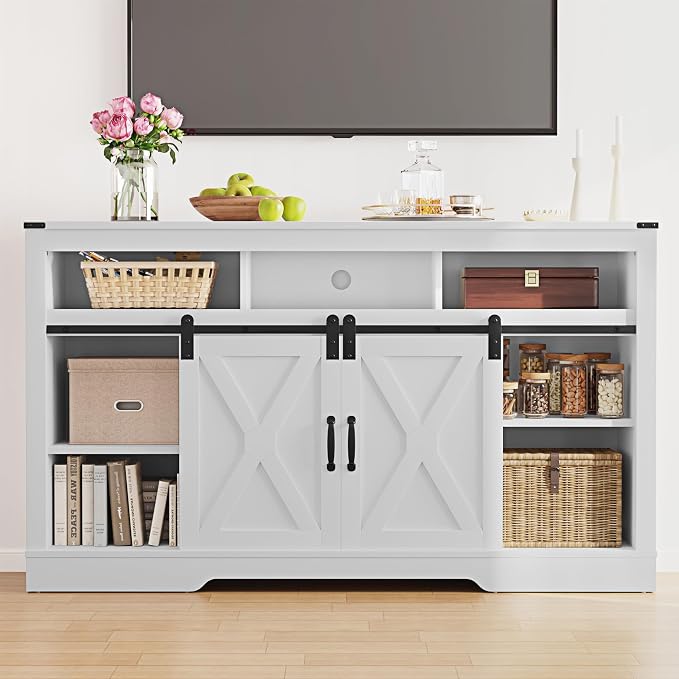 RoyalCraft Fireplace TV Stand for 65+ Inch TV, 34" Tall Farmhouse Entertainment Center with 23" Electric Fireplace,Rustic Media Console with Sliding Bar Door for Living Room, White - Image 9