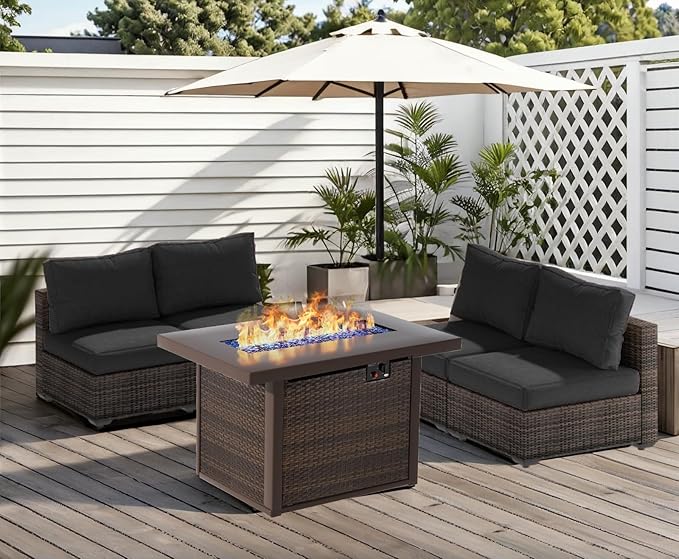 Patio Furniture Set Fire Pit Table 9 Piece All Weather PE Rattan Outdoor Sectional Sofa Couch with 8 x armless Sofa, No-Slip Cushions for Garden, Poolside, Backyard (Black)