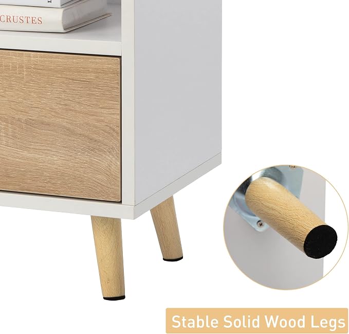 JAXPETY Nightstands Set of 2, Night Stand with Drawer and Open Storage Shelf, Bedside Tables with Solid Wood Legs, End Table, Side Table, for Bedroom(2-Pack, White) - Image 9