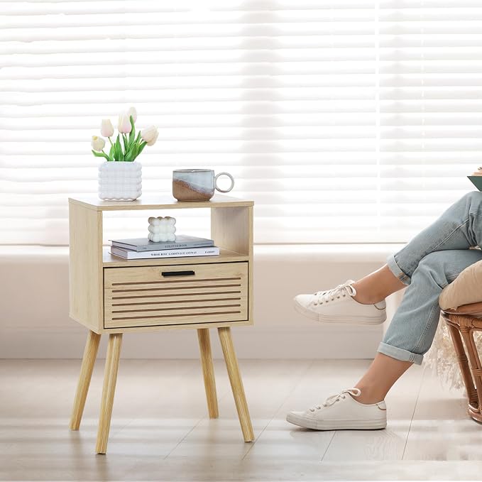 2 Sets Striped Grooved Nightstand with Solid Wood Storage Drawer, Bedside Table for Bedroom Living Room Dorm, 2 Tier Modern Night Stands for Small Space, Minimalist Bed Table (Double Layer, 2 Sets) - Image 9