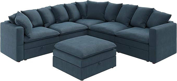 HONBAY Modular Sectional Sofa, 6 Seaters Corduroy Sectional Couchwith Ottoman, L Shaped Sofa with Storage & Pillows, Blue