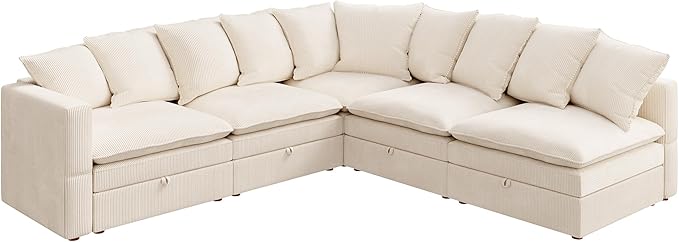 HONBAY Modular Sectional Sofa, 5 Seaters Corduroy Sectional Couch, L Shaped Sofa with Storage & Adjustable Backrest, Beige
