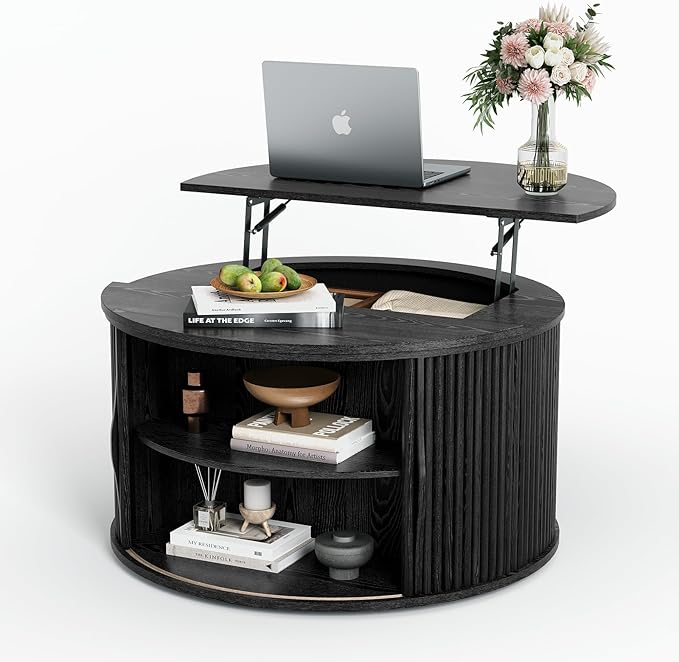 31.5" Round Lift Top Coffee Table with Hidden Storage,Modern Black Drum Coffee Table for Living Room, Wood Fluted Design Center Table for Small Apartment & WFH