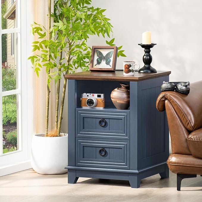 Joaxswe 18" Farmhouse Night Stands Set of 2 with Charging Station, 2 Drawers End Table Dresser for Bedroom, Blue Wooden Nightstand, Bed Side Table with Open Shelf, Bedside Cabinet for Living Room - Image 8