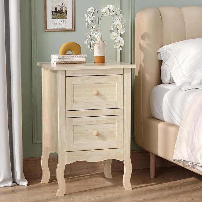 VINGLI Nightstands Set of 2, Unfinished Solid Wood Nightstand Color DIY, Small Nightstand for Bedroom, Natural Wood Night Stand with Drawers, Light Wood Night Stands, Real Wooden Bedside Table - Image 9