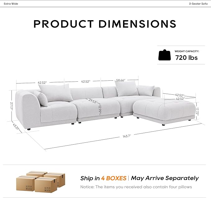 COLAMY 144" Cloud Sectional Couch with Ottoman,Modular Sectional Sofa with 3 Large Seat and 1 Movable Ottoman for Living Room,DIY Combination, Chenille, Beige