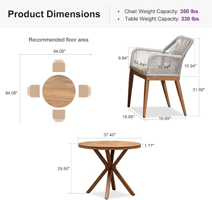 PURPLE LEAF 5 Pieces Patio Round Dining Set Aluminum Round Table and Rattan Arm Chairs with Cushions for Kitchen Porch Garden Modern Outdoor Furniture Sets - Image 9