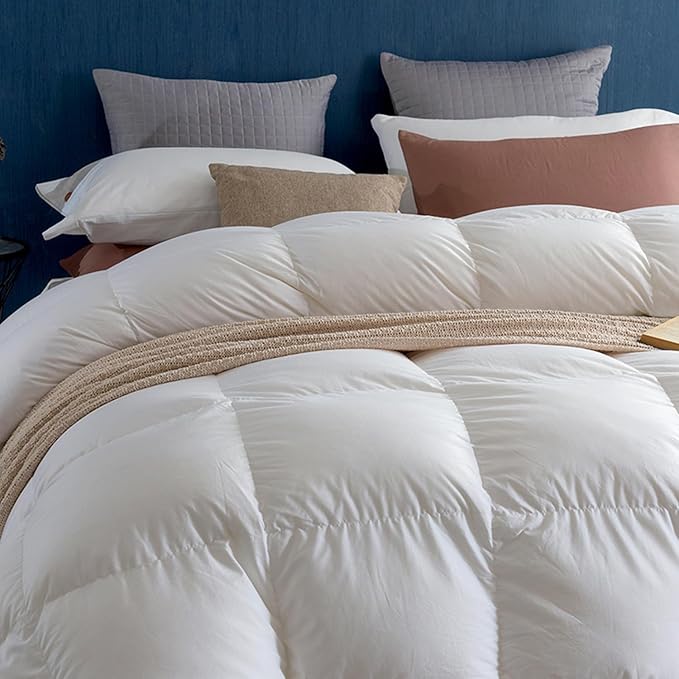 Royoliving Premium Feathers Down Duvet Insert Comforter Queen Size All Season Medium Warmth White 100% Cotton Cover with Corner Tabs (90x90, 50 oz)