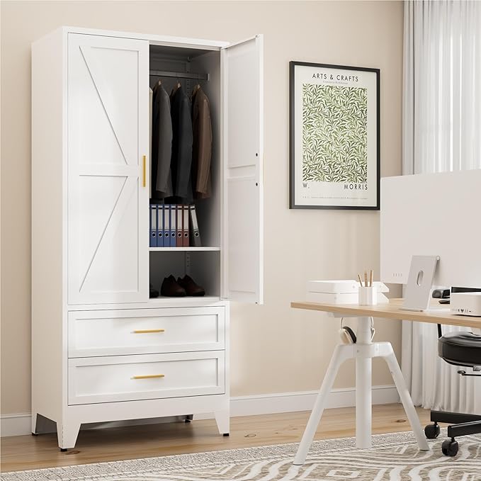LCAOPC 71" Tall Metal Wardrobe Cabinet with 2 Drawers and Hanging Rod, 2 Doors Armoire Wardrobe Closet with Shelf for Bedroom, Office, Laundry Room, White