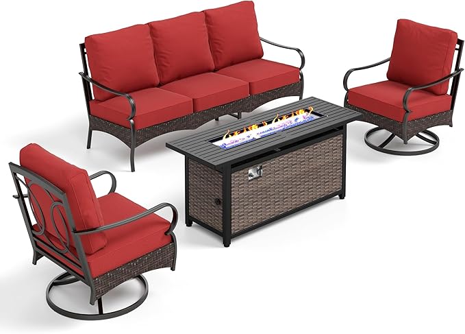 PHI VILLA Patio Furniture Set with 56" Fire Pit Table, Premium Outdoor Wicker Metal Frame Furniture with Upgraded Waterproof Thick Cushions for Porch, Poolside, Deck, and Yard (4 Pieces,Red