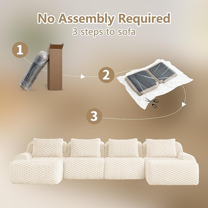 146" U-Shaped Compressed Sectional Cloud Sofa, Flannel Upholstered Modular Deep Seat Sofa with 6 Pieces, Symmetrical Boneless Foam Modular Cloud Couches for Living Room
