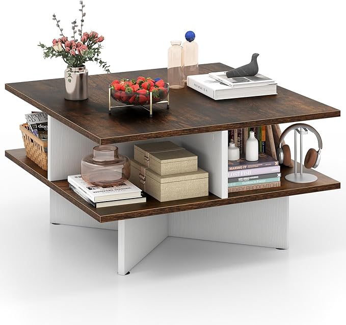 Giantex Square Coffee Table, Mid Century Modern Center Table with 4 Storage Compartments & Cross-Shape Base, 24 Inch Farmhouse Coffee Tables for Living Room (Brown)
