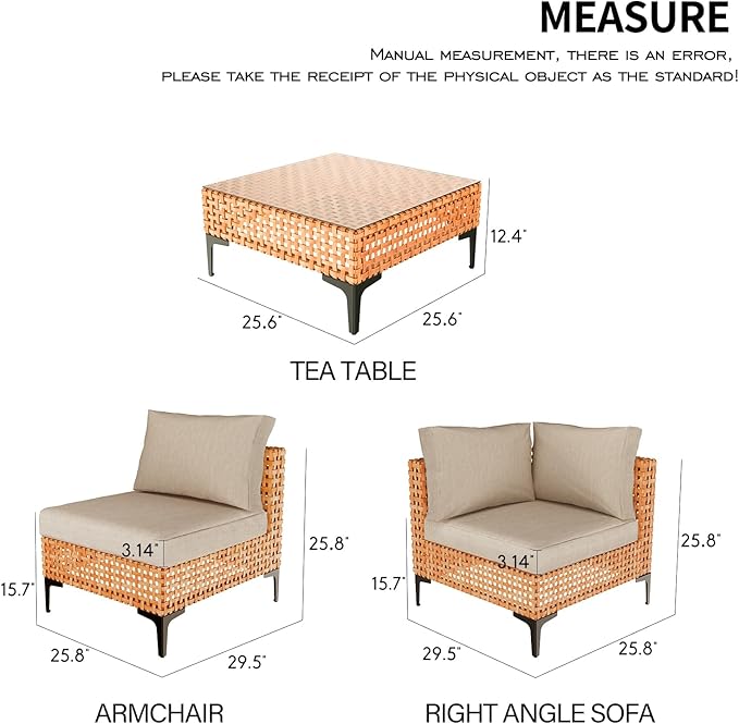 10 Piece Outdoor Patio Furniture Set Modular Outdoor Furniture Set Wicker Outdoor Sectional Sofa with Cushions and Tea Table Patio Set for Balcony Porch Deck Yard (Salmon&Orange Wicker, Sand Cushion)
