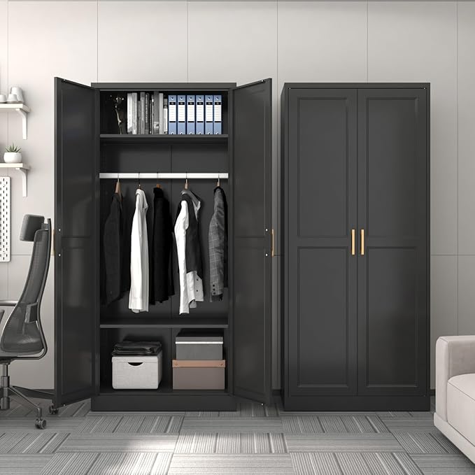 SteeLoong Metal Wardrobe Cabinet with Hanging Rod, 71" Tall Armoire Wardrobe Closet with 2 Doors and Adjustable Shelves, Black Clothing Storage Cabinets for Bedroom, Laundry Room, Cloak Room