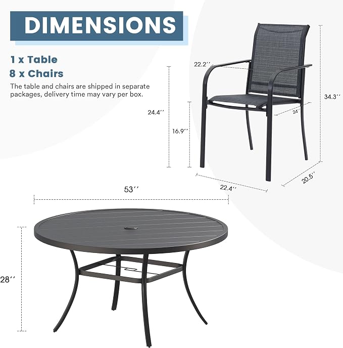 DIFY 9 Pieces Outdoor Patio Dining Set for 8, 53" Black Round Metal Dining Table and 8 Grey Stackable Textilene Patio Chairs, Outdoor Table and Chairs for Backyard Garden Poolside - Image 8