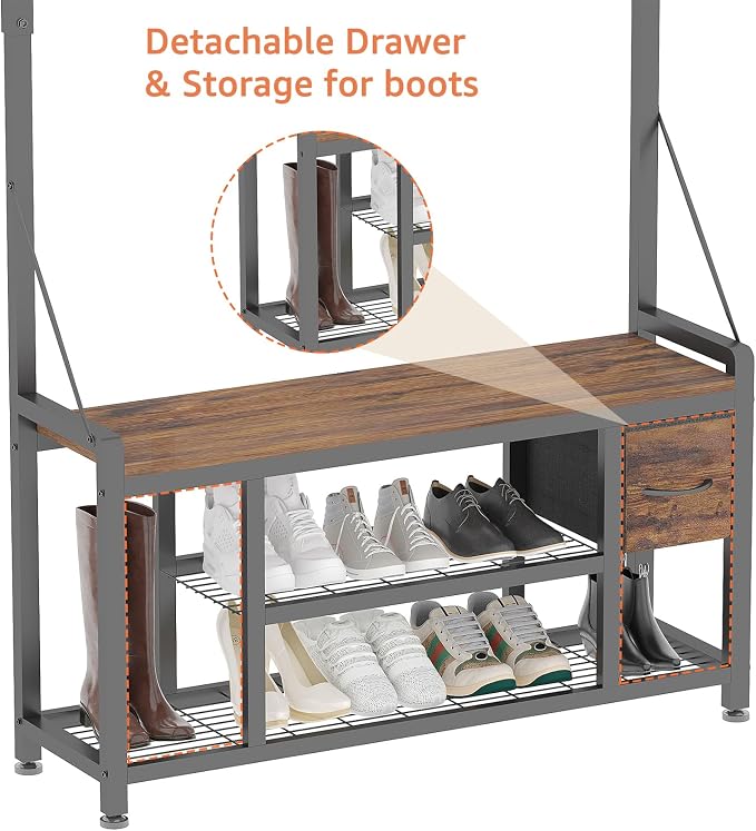 39" Hall Tree with Storage Coat Rack freestanding Entryway Furniture Bench, 5 in 1 Design Front Door Shoe Rack and Wall Rack Hooks, and 4 Drawers (Rustic Brown) - Image 9