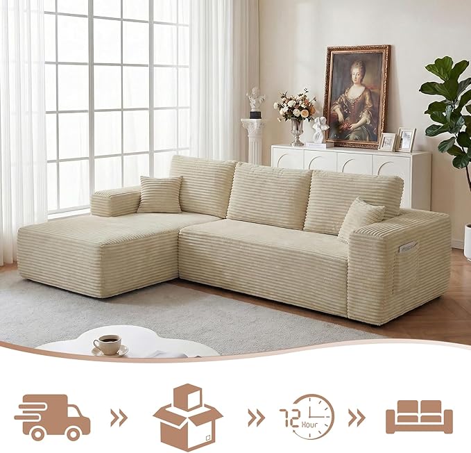 104 inch Boneless L-Shaped Sectional Sofa with Throw Pillow & Side Pockets- No Assembly Compressed Modular Couch, Memory Foam, Deep Seat for Living Room, Bedroom, Apartment White Left