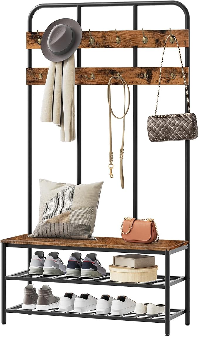 HOOBRO Hall Tree with Bench, Entryway Bench with Coat Rack, Mud Room Rack with 12 Double Hooks and Shoe Storage, Coat Tree, Shoe Rack Organizer, for Foyer, Front Door, Rustic Brown BF05MT01 - Image 9