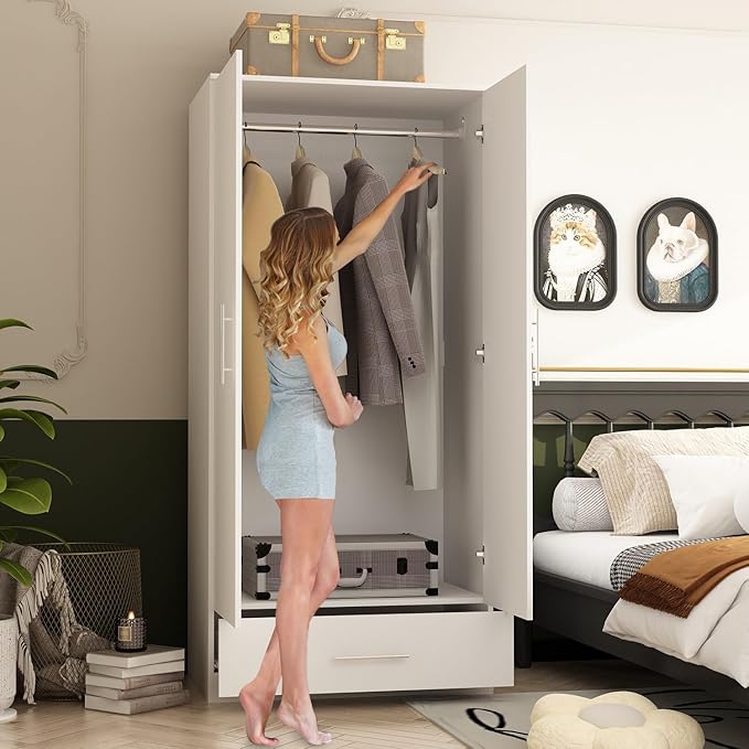 AIEGLE 2 Doors Wardrobe Armoire with Drawer, Freestanding Armoire Wardrobe Closet with Hanging Rod, Bedroom Wood Clothes Storage Cabinet Organizer in White (31.5" W x 18.9" D x 66.9" H)