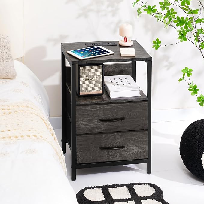 Yoobure Nightstand with Charging Station, Small Night Stand with Fabric Drawers and Storage Shelf for Bedrooms, Nightstands for Small Spaces, Bedside Table with USB Ports & Outlets, Bed Side Table - Image 8