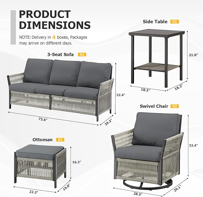 Wicker Outdoor Patio Furniture Set, 6 Piece Patio Conversation Set with Swivel Rocker Chairs, Rattan Sofa, Ottomans and Coffee Table for Garden, Porch, Backyard (Grey)