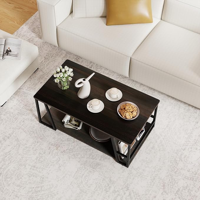Giantex Modern Coffee Table with Storage, 2-Tier Rustic Wood Center Table with Shelf, Compartment, Metal Frame, Rectangular Geometric Living Room Table for Apartment (Espresso)