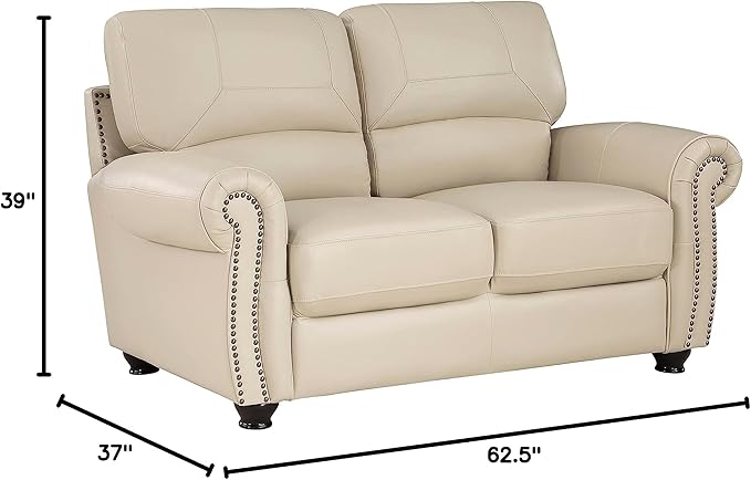 Lexicon Leather Match Couch for Living Room with Wood Frame, Rolled Armrest & Nailhead Trim, Top Grain Leather Match Sofa for Bedroom, Office, Waiting Room, 2-Seater Loveseat, Cream