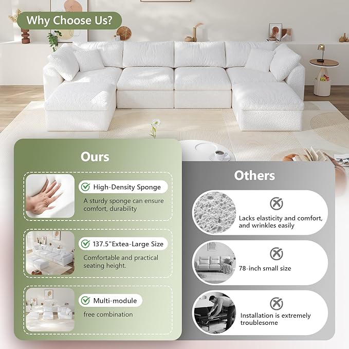 138" Modular Sectional Sofa Boneless Cloud Couch for Living Room, U Shape Deep Seat Recliner Sofa with Ottoman, Adjustable Backrest & 2 Throw Pillows - Covers Washable, (White, 4 Seater+2 Ottoman)