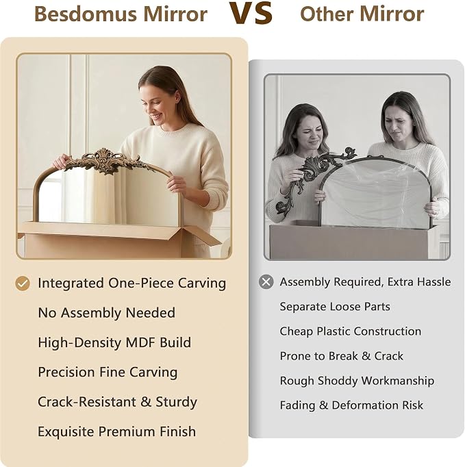 Besdomus Vintage Arched Gold Mirror: 32"x24" French Large Gold Vintage Wall Mounted Mirror - Baroque Traditional Ornate for Bedroom/Fireplace/Bathroom/Hallway - Wall Decor for Fashion-Conscious - Image 7