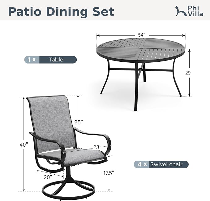 PHI VILLA 7 Piece Outdoor Patio Dining Set with 6 Swivel Dining Chairs & 1 Large Round Dining Table, Gray Textilene Mesh Fabric Chair and 54" Metal Table for All Weather - Image 9