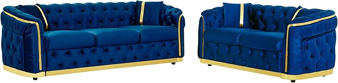 KEIKI 2-Piece Luxury Chesterfield Sofa Set with 1 Velvet 3-Seater Sofa & 1 Loveseat Sofa, 5-Seater Couch Set with 4 Pillow, Gold Stainless Decoration and Rolled Arms, for Living Room, Navy