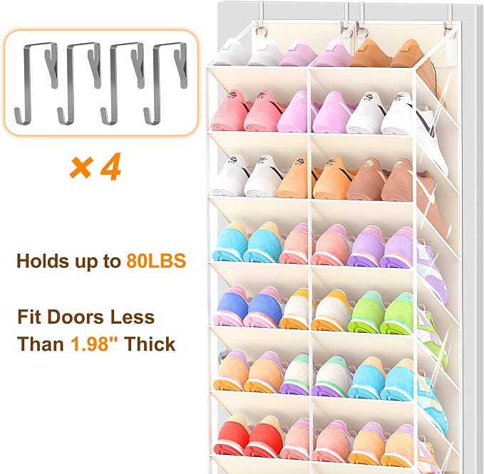 UVIAHOMI 20-30 Pairs Over the Door Shoe Organizer, Clear Pockets Hanging Shoe Storage for Closet, 10-Tier Door Shoes Rack, Handing Shoes Holder Fit All the Family's Sneakers, Boots, Heels, Beige - Image 7