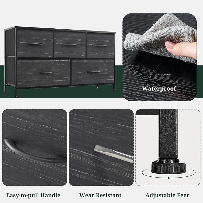 5-Drawer Dresser for Bedroom, Anti-Tip Wide Storage Organizer Fabric Chest of Drawers TV Stand for 45" TV with Wooden Top and Metal Frame for Closet, Living Room, Hallway, Entryway, Charcoal Black - Image 7