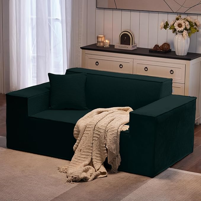 Corduroy Cloud Couch with Pillow, Premium Memory Foam, No Assembly Required, Deep Seat Sofa in Box, Space-Saving Chair for Home, Living Room, Bedroom, Apartment, Office, Loveseat, Dark Green