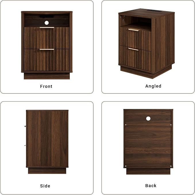Fluted Nightstand, Walnut Night Stand, 2 Drawers Nightstand with Charging Station, Wooden End Table with Storage, Modern Bedside Table for Bedroom Sofa Home Office, Curved Corners Design - Image 8