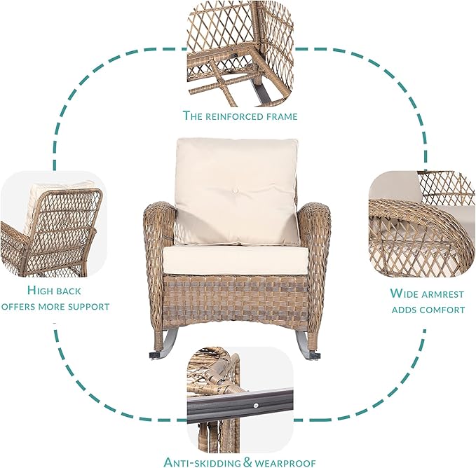 MEETWARM 4-Piece Outdoor Patio Wicker Conversation Set with Glider Loveseat, 2 Chairs, Coffee Table & Rocking Chair - Thickened Cushions