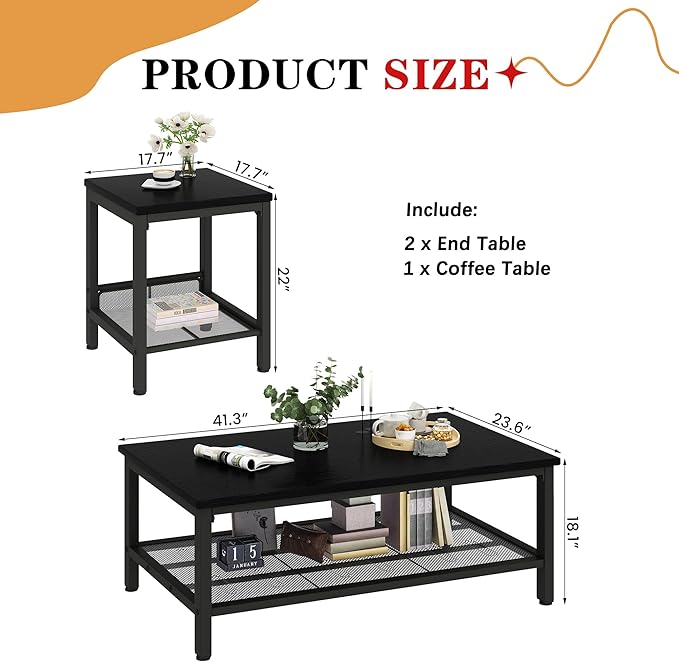 Lamerge 3 Pieces Living Room Table Set, Industrial Coffee Table with 2 Square End Side Tables, Coffee Table Set with Metal Frame for Apartment Home Office, Black