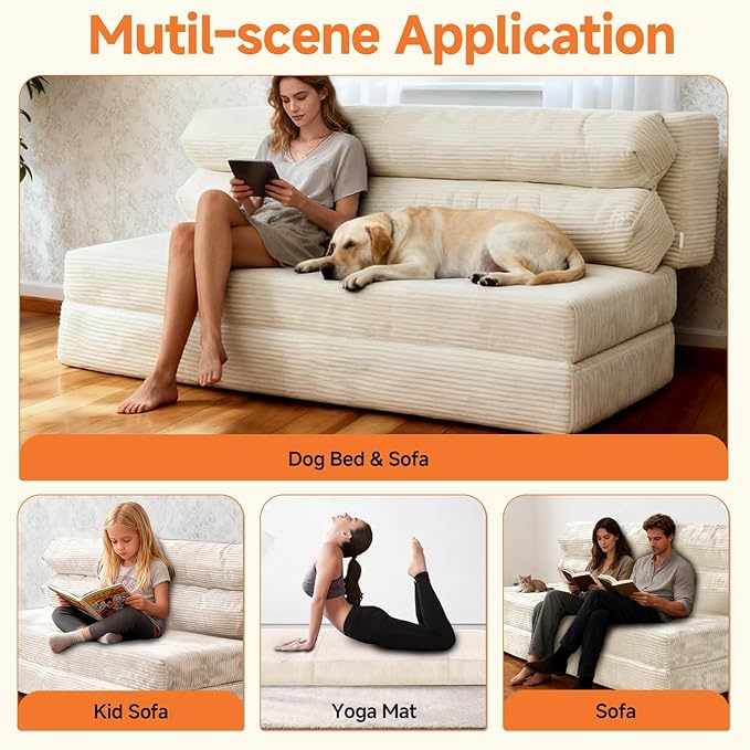 Convertible Sofa Bed, Folding Sofa Bed Couch, Pallout Floor Couch, Convertible Futon Chair Beds, Floor Teddy Sofas, Mini Couch for Bedroom, Love Seat Sleeper Beds(Beige White,51.1"×39.3"×23.6")