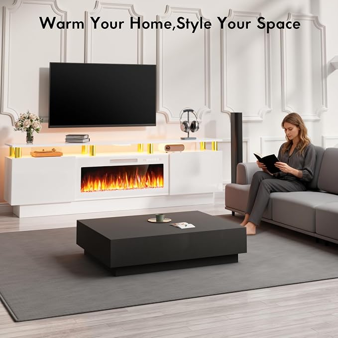 TAVATA 80" Fireplace TV Stand Up to 90" TVs, High Gloss Modern Entertainment Center for Living Room with Storage & LED Lights, Wood Media Console Cabinet with 36" Fireplace & Open Shelf, White - Image 7