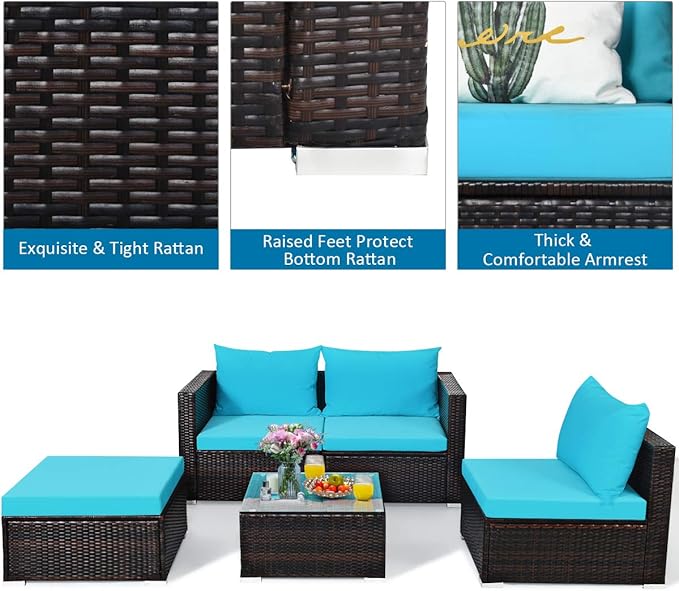 Tangkula 5 Piece Outdoor Patio Furniture Set, Sturdy Frame and Weight Capacity Up to 360 Pound, Wicker Sectional Sofa Set with Glass Top Coffee Table, Porch Garden Poolside Furniture for 4 (Turquoise)